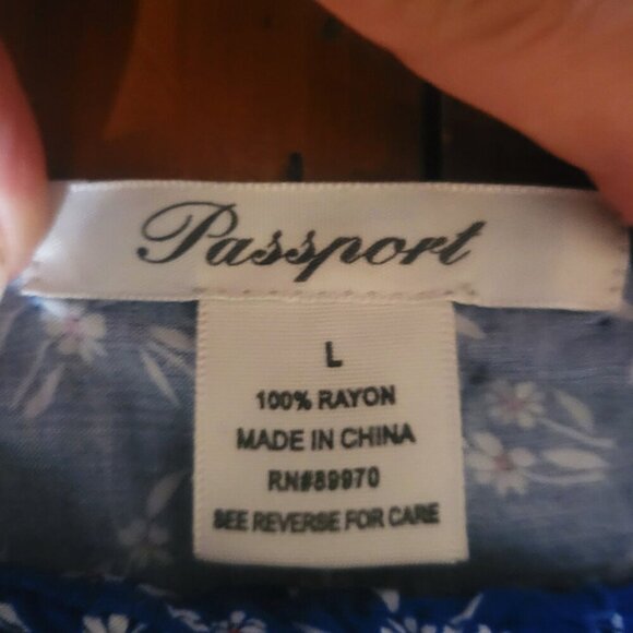 Passport Blue Floral Dress Smocked Waist Open - Sz L (fits like a Small Med) - Picture 10 of 10